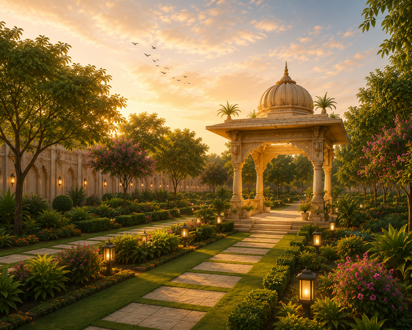 Landscaped garden pathway within the gated Vrindavan township