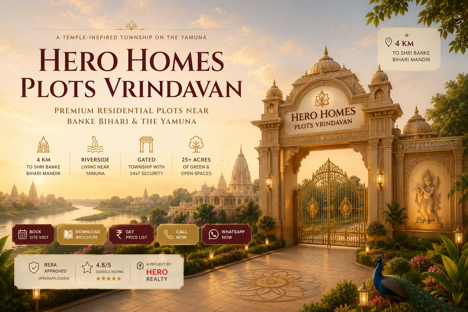 Hero Homes Plots Vrindavan gated township entrance with temple-inspired golden gate