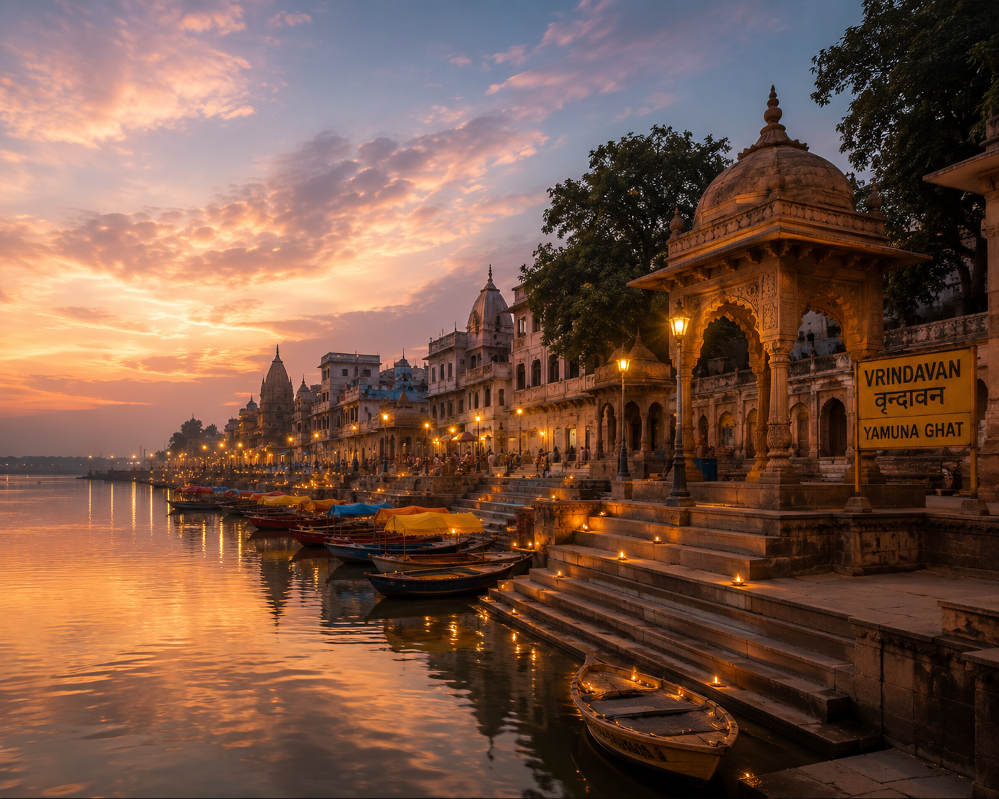 Yamuna riverfront ghats near Vrindavan at dusk